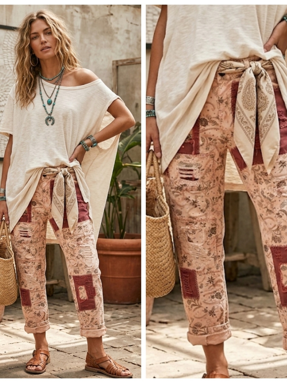 Women’s Boho Patchwork Distressed Floral Vintage Wash Jeans